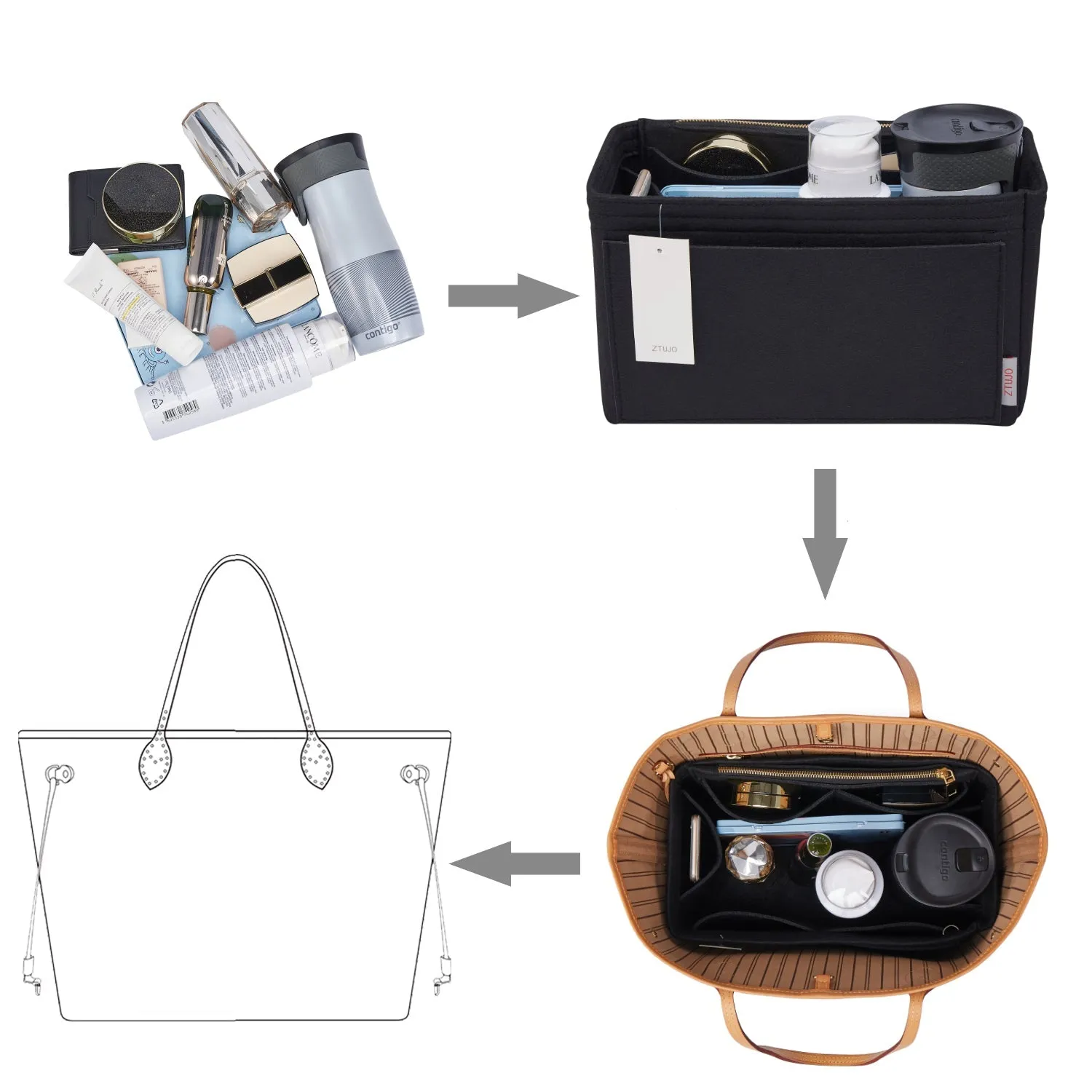 Material Purse Organizer Bag Insert with Bottle Holder - Ideal for Speedy, Neverfull, Tote, ONTHEGO, Artsy, and More Handbags. Keep Your Essentials Tidy and Accessible.
