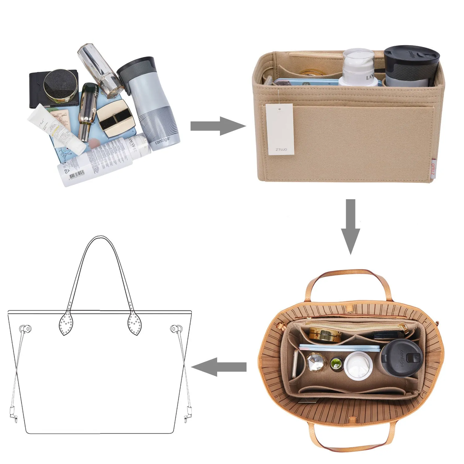 Material Purse Organizer Bag Insert with Bottle Holder - Ideal for Speedy, Neverfull, Tote, ONTHEGO, Artsy, and More Handbags. Keep Your Essentials Tidy and Accessible.