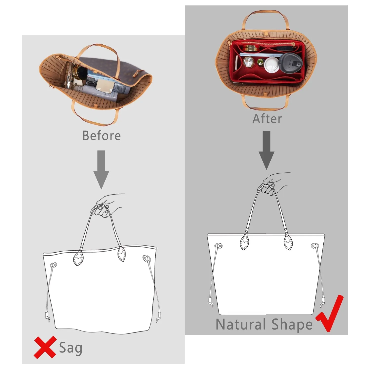 Material Purse Organizer Bag Insert with Bottle Holder - Ideal for Speedy, Neverfull, Tote, ONTHEGO, Artsy, and More Handbags. Keep Your Essentials Tidy and Accessible.