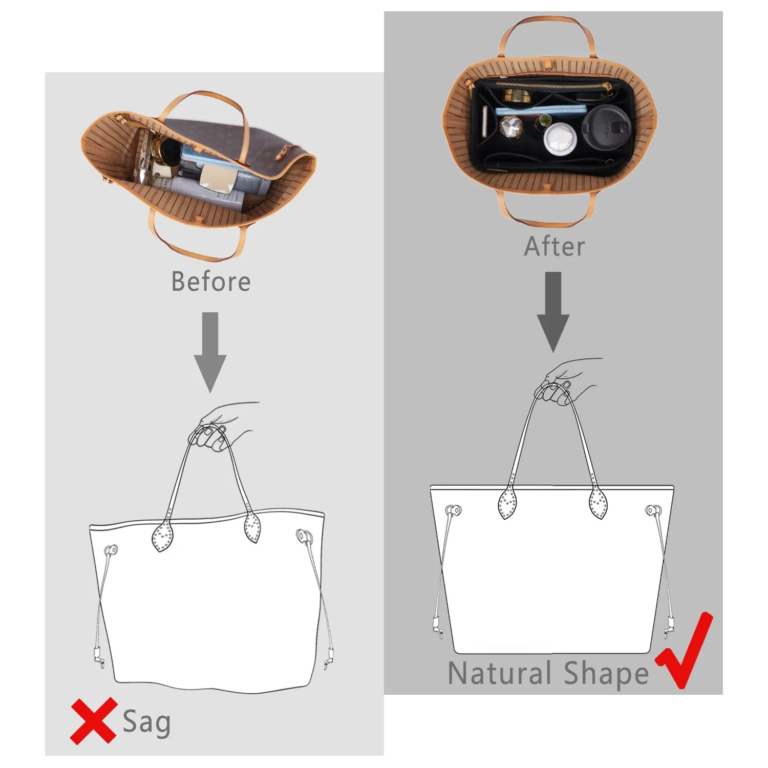 Material Purse Organizer Bag Insert with Bottle Holder - Ideal for Speedy, Neverfull, Tote, ONTHEGO, Artsy, and More Handbags. Keep Your Essentials Tidy and Accessible.