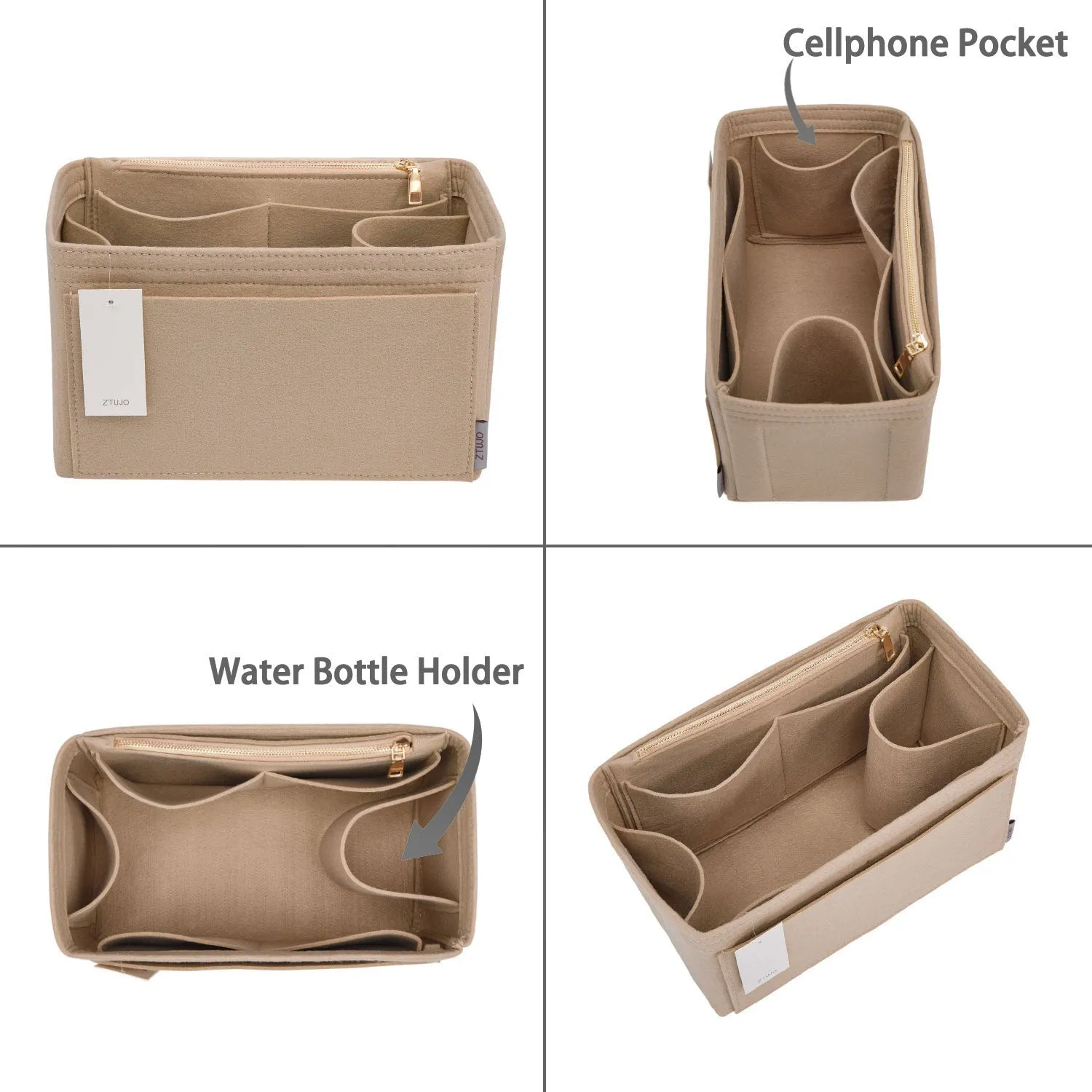 Material Purse Organizer Bag Insert with Bottle Holder - Ideal for Speedy, Neverfull, Tote, ONTHEGO, Artsy, and More Handbags. Keep Your Essentials Tidy and Accessible.