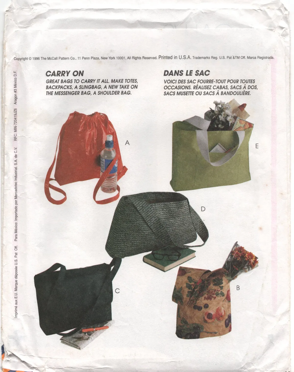 McCall's 8705 Tote, Sling, Messenger and Shoulder Bags, Uncut, Factory Folded Sewing Pattern Various Sizes