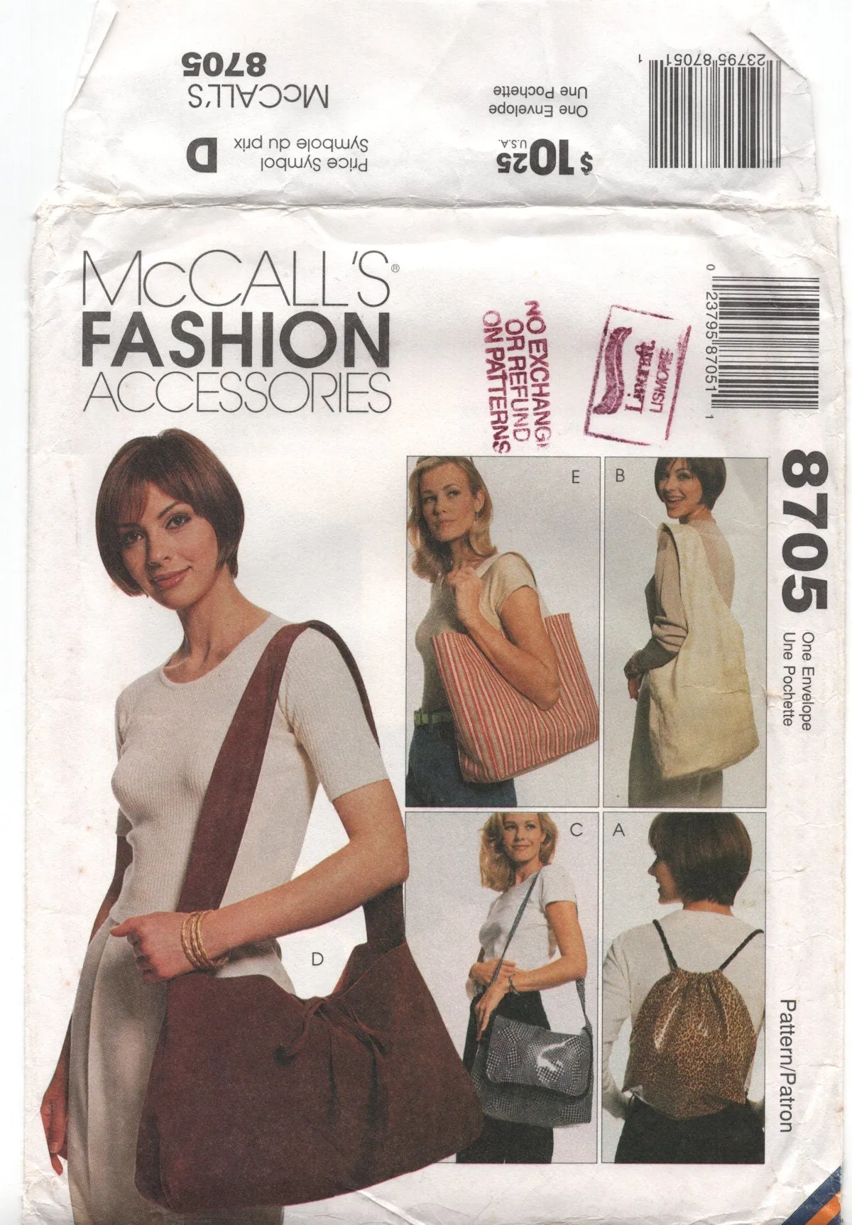McCall's 8705 Tote, Sling, Messenger and Shoulder Bags, Uncut, Factory Folded Sewing Pattern Various Sizes