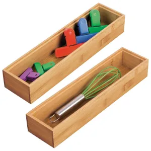 mDesign Bamboo Kitchen Cabinet Drawer Organizer Stackable Tray Bin - Eco-Friendly, Multipurpose - Use in Drawers, on Countertops, Shelves or in Pantry - 3" Wide, 2 Pack - Natural Wood Finish