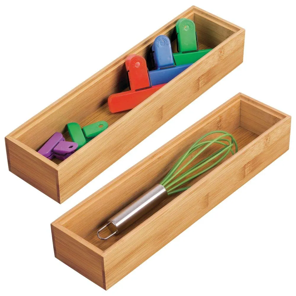 mDesign Bamboo Kitchen Cabinet Drawer Organizer Stackable Tray Bin - Eco-Friendly, Multipurpose - Use in Drawers, on Countertops, Shelves or in Pantry - 3" Wide, 2 Pack - Natural Wood Finish