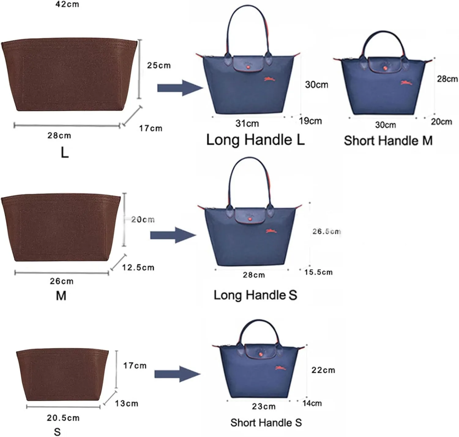 medium tote bag insert for Longchamp Le Pliage tote bag organizer 1028navy blue-M