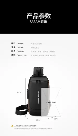 Men's Backpack Multi purpose Waterproof Strap Bag Password Lock Sports Backpack Men's Chest Bag (Grey Rice Dumplings)