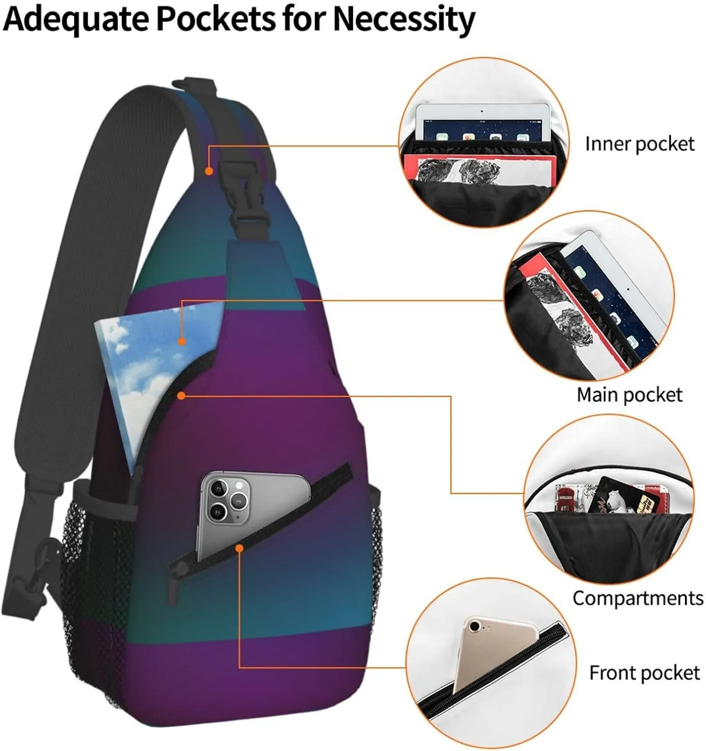 Mens Fashion Gym Bags Anti-Theft for Purple With Teal Blue Green Blur Border Crossbody Shoulder Backpack with Zipper, Multipurpose Sling ​Backpack for Cycling Traveling Hiking