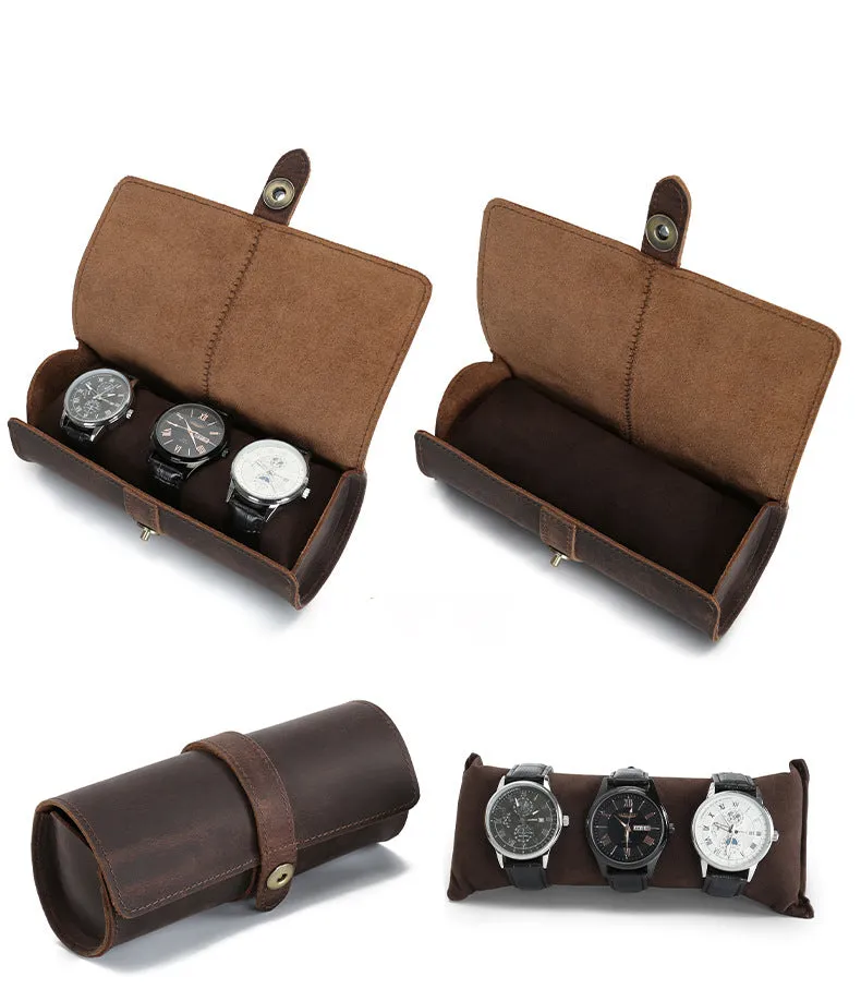 Men's Handmade Vintage Leather 3-Slot Watch Box Organizer