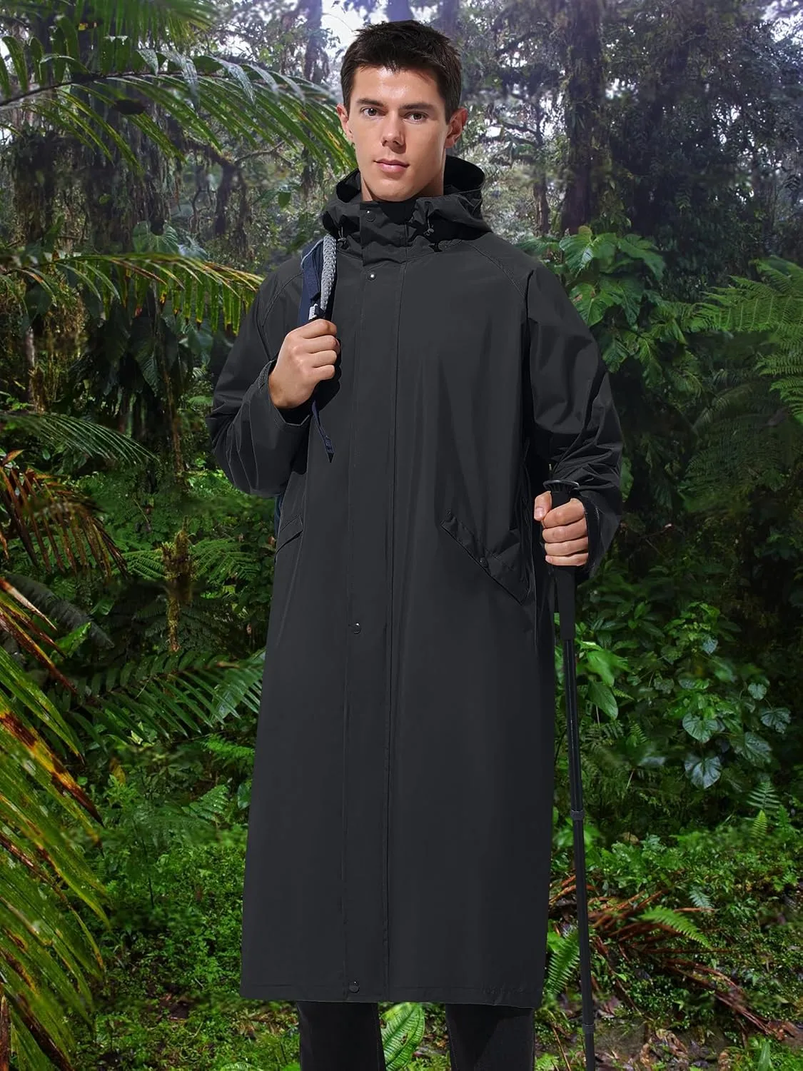 Men's Long Rain Jacket Windbreaker Waterproof Lightweight Packable Running Hiking Cycling Golf Rain Coat with Hood