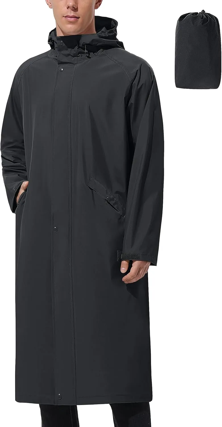 Men's Long Rain Jacket Windbreaker Waterproof Lightweight Packable Running Hiking Cycling Golf Rain Coat with Hood