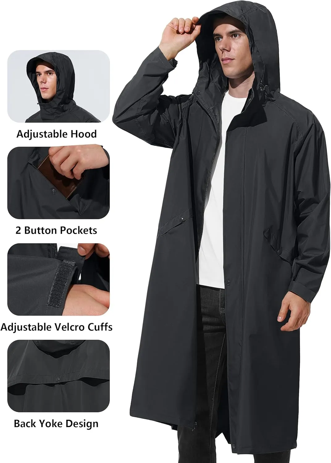 Men's Long Rain Jacket Windbreaker Waterproof Lightweight Packable Running Hiking Cycling Golf Rain Coat with Hood