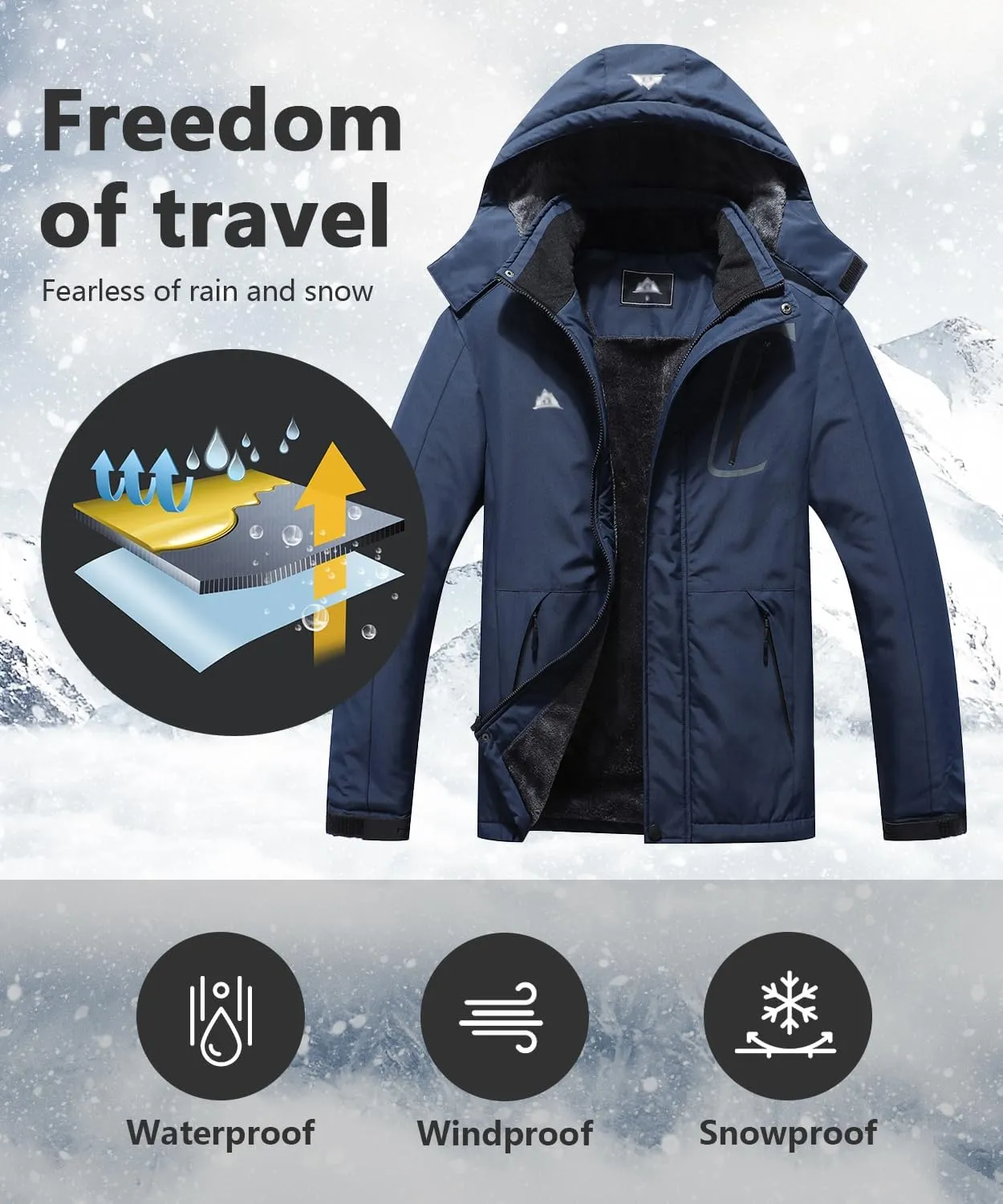 Men's Mountain Winter Coat Warm Fleece Ski Snow Jacket Waterproof Raincoat with Hood
