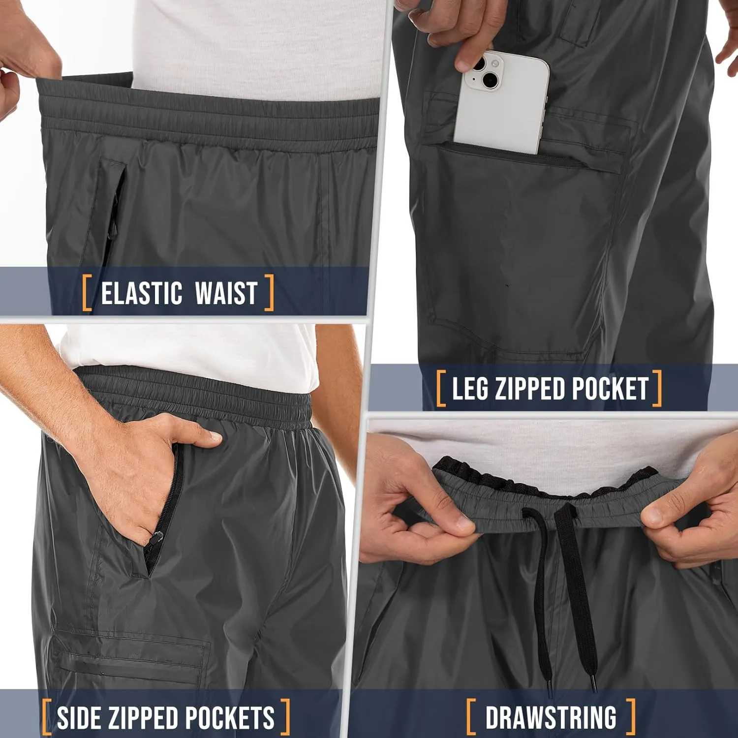 Men's Rain Pants Waterproof Over Pants Windproof Outdoor Hiking Pants for Golf,Fishing,Cycling