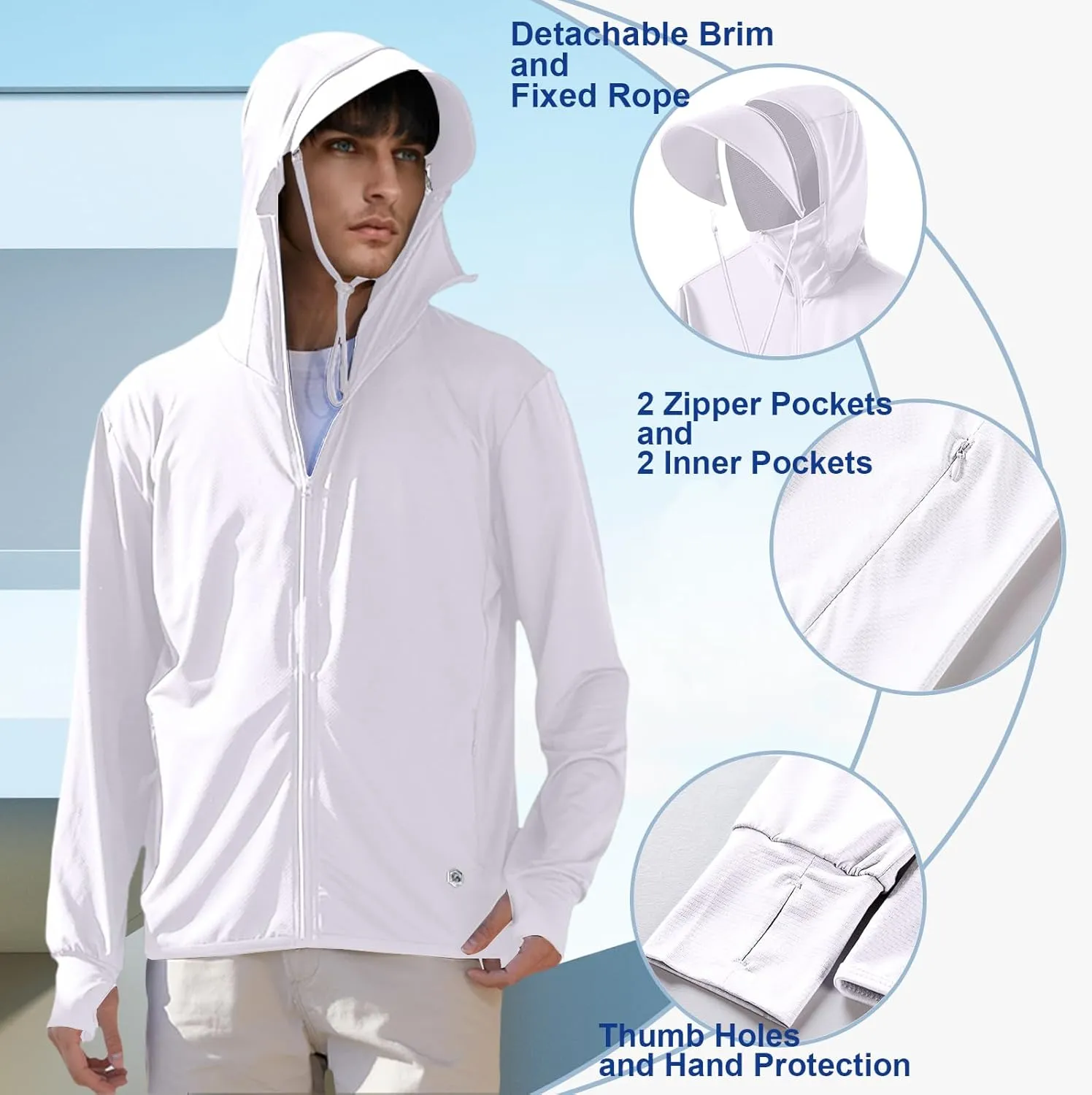 Men's UPF50  Sun Protection Hoodie Long Sleeve Thumbhole Elastic Quick Dry Sun Shirts Full Zipper Fishing Jacket