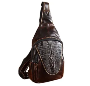 Men's Vintage Look Genuine Leather Crocodile Skin Patterned Travel Shoulder Cross Body Messenger Bag