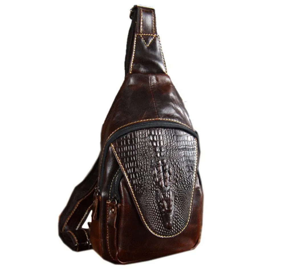 Men's Vintage Look Genuine Leather Crocodile Skin Patterned Travel Shoulder Cross Body Messenger Bag