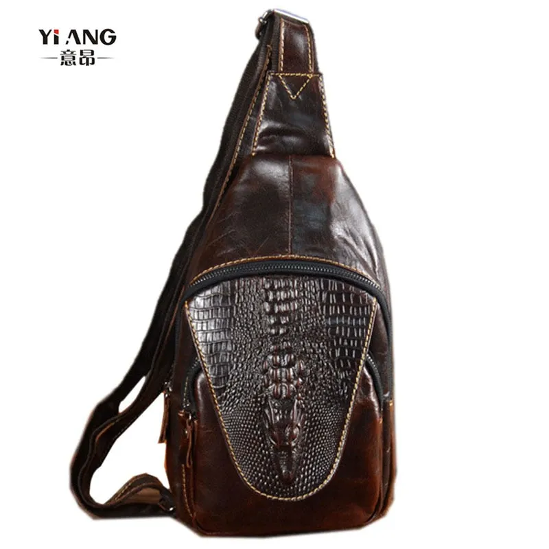 Men's Vintage Look Genuine Leather Crocodile Skin Patterned Travel Shoulder Cross Body Messenger Bag