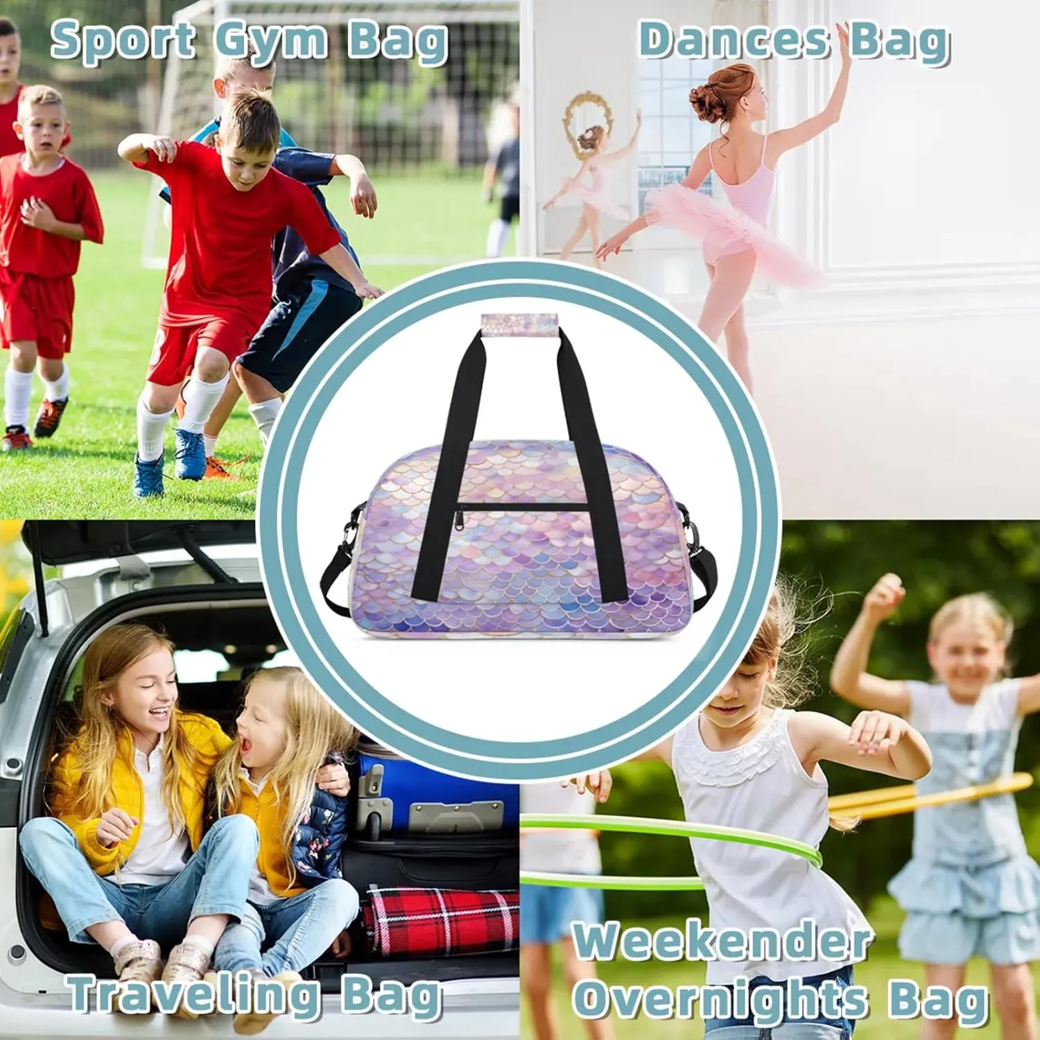 Mermaid Scales Small Gym Bag 18 inch Carry On Duffel Bag for Weekender Travel Sports Workout Yoga Gymnastics Dance Ballet