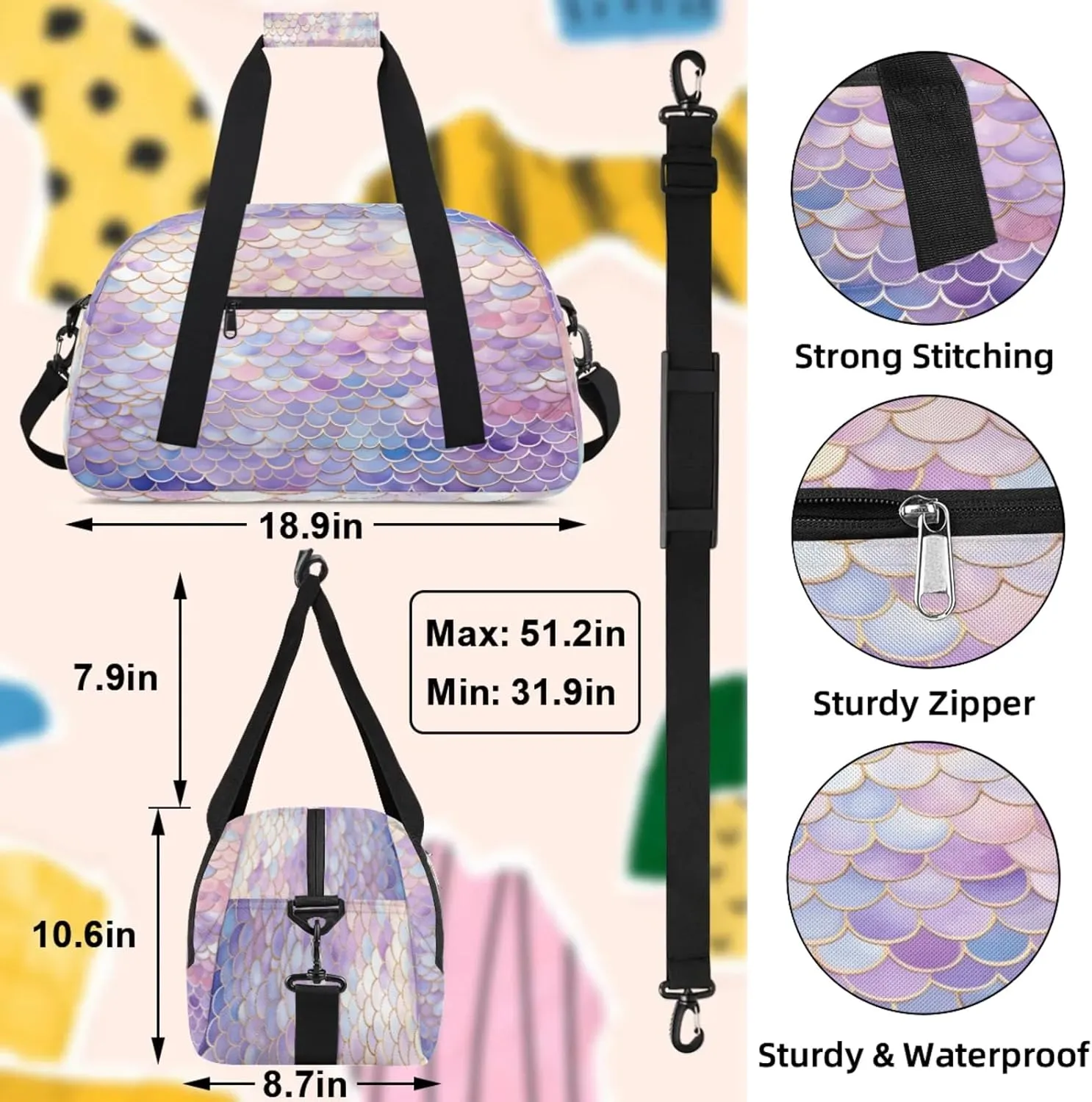 Mermaid Scales Small Gym Bag 18 inch Carry On Duffel Bag for Weekender Travel Sports Workout Yoga Gymnastics Dance Ballet