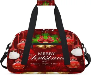 Merry Christmas Gym Duffel Bag for Men Women Red Background Sports Tote Bag with Adjustable Shoulder Strap for Dance Gymnastics Traveling Outdoor Camping Overnight Stay