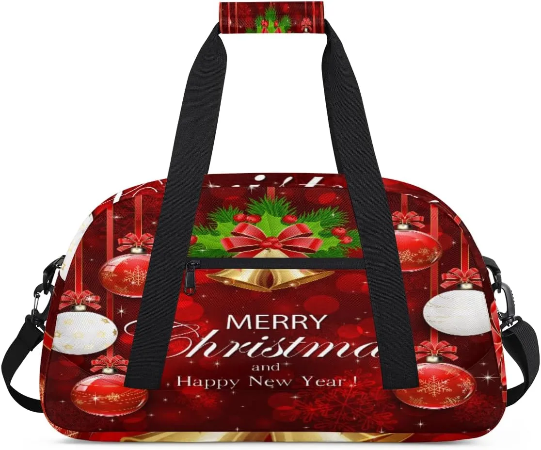 Merry Christmas Gym Duffel Bag for Men Women Red Background Sports Tote Bag with Adjustable Shoulder Strap for Dance Gymnastics Traveling Outdoor Camping Overnight Stay