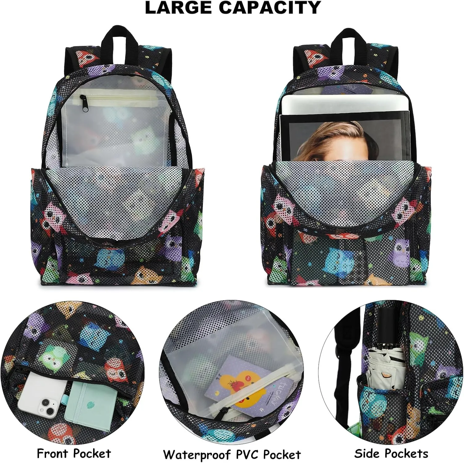 Mesh School Backpack for Girls Women, Heavy Duty See Through College Bookbag School Bag with Storage Bag (Owl)