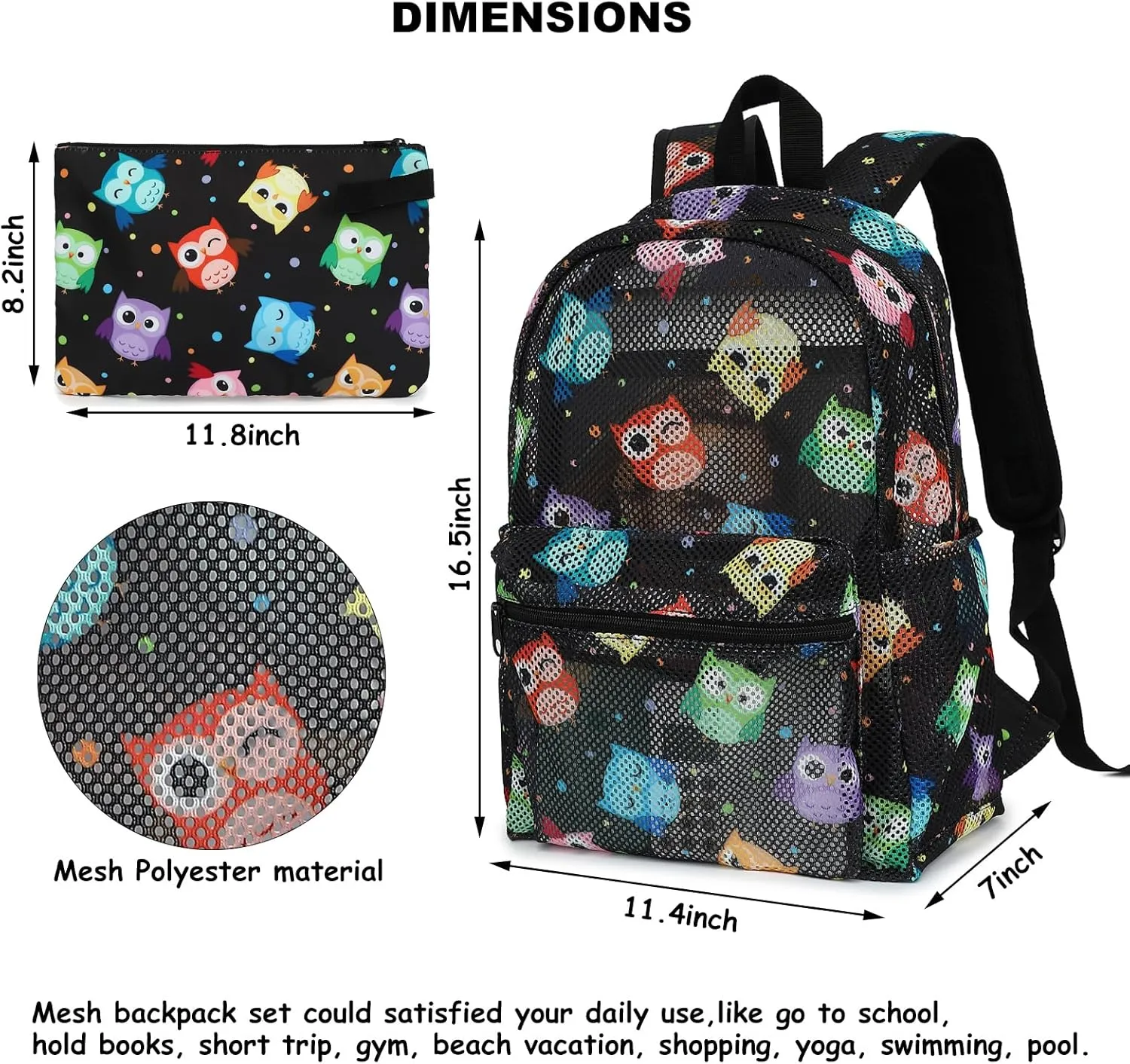 Mesh School Backpack for Girls Women, Heavy Duty See Through College Bookbag School Bag with Storage Bag (Owl)