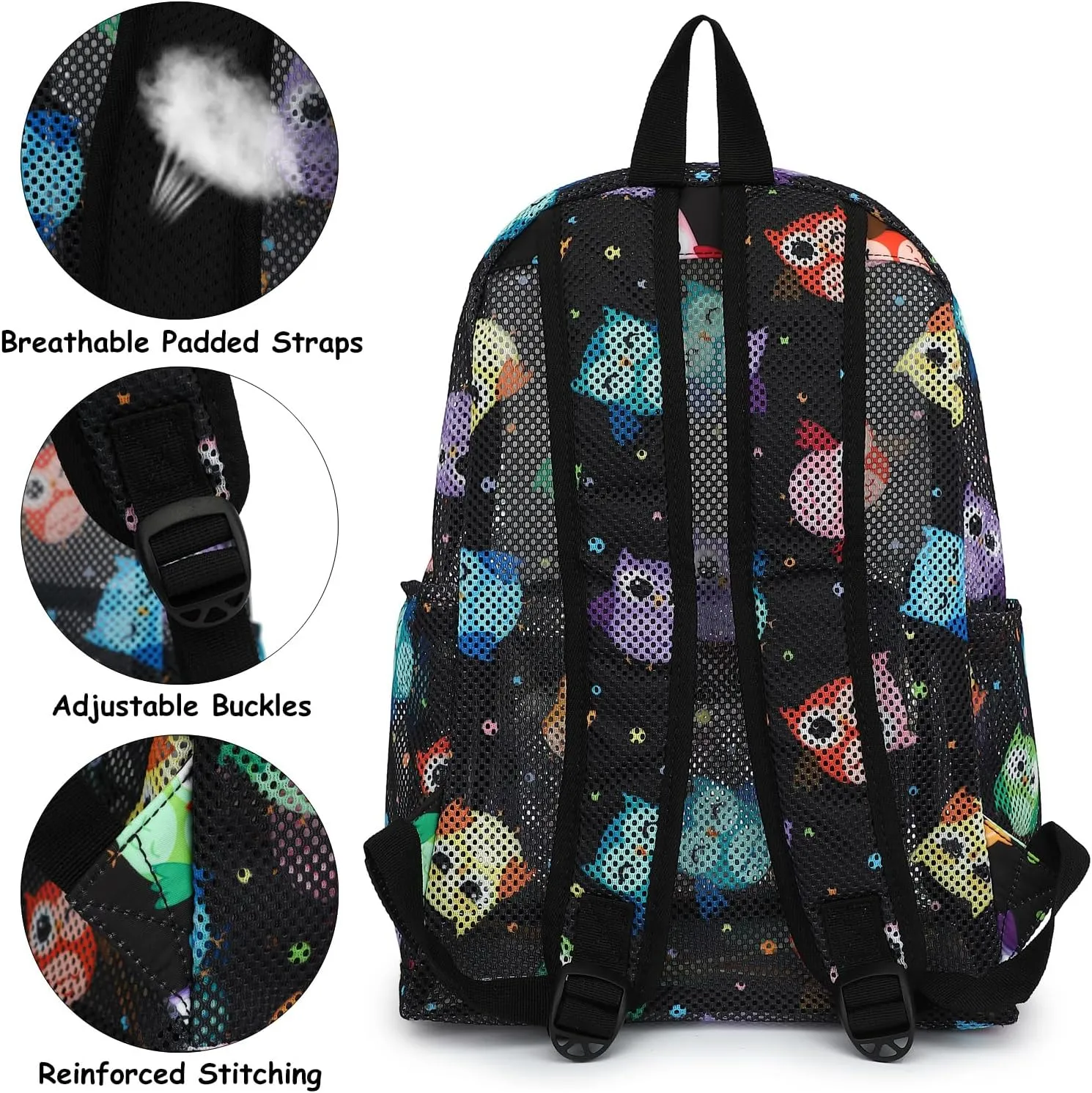 Mesh School Backpack for Girls Women, Heavy Duty See Through College Bookbag School Bag with Storage Bag (Owl)