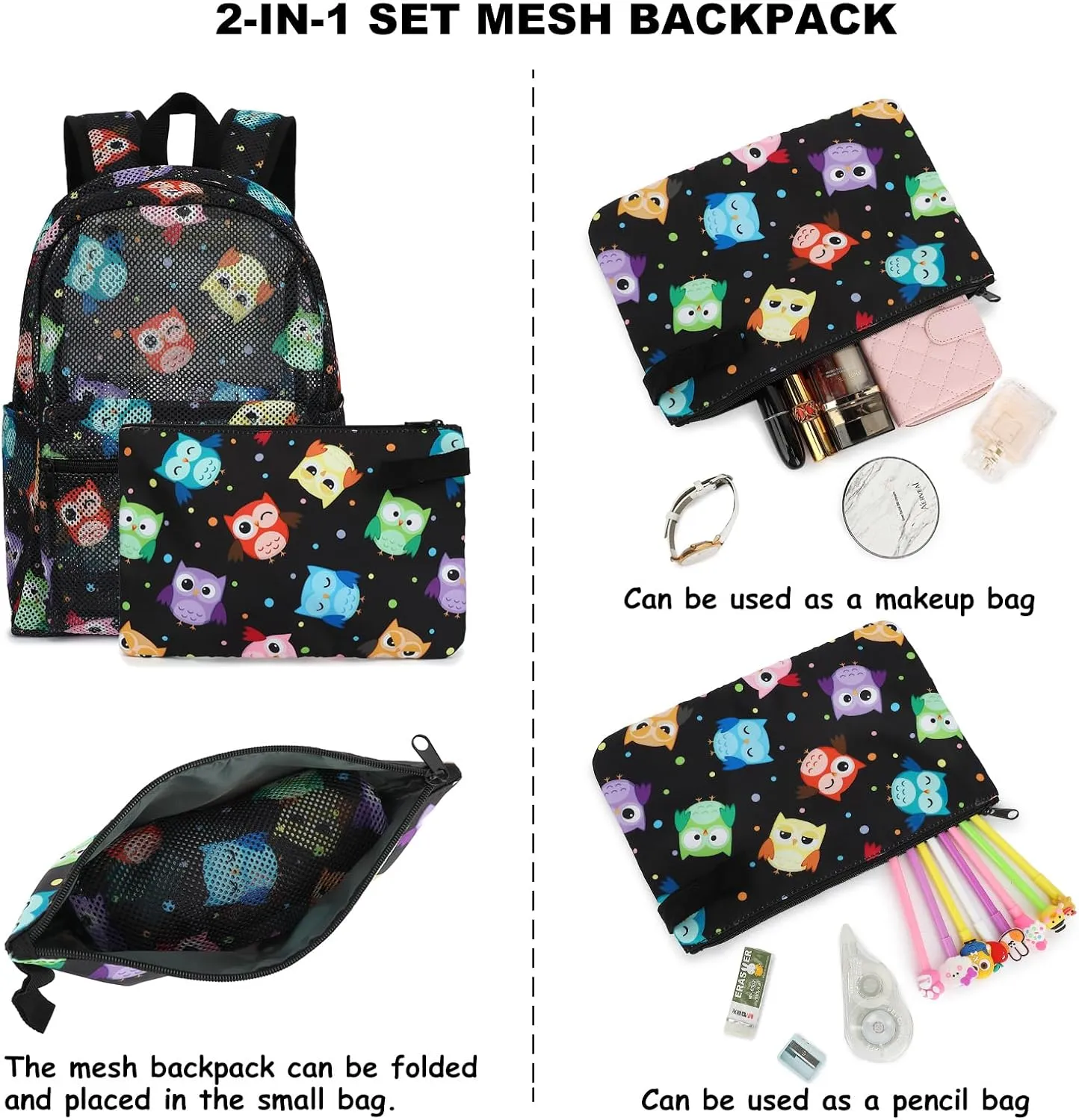 Mesh School Backpack for Girls Women, Heavy Duty See Through College Bookbag School Bag with Storage Bag (Owl)