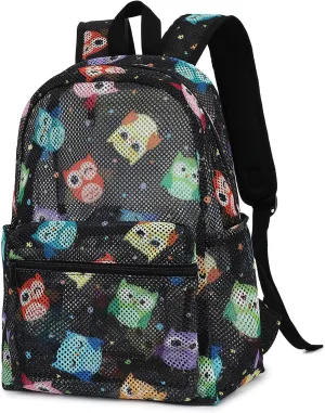 Mesh School Backpack for Girls Women, Heavy Duty See Through College Bookbag School Bag with Storage Bag (Owl)