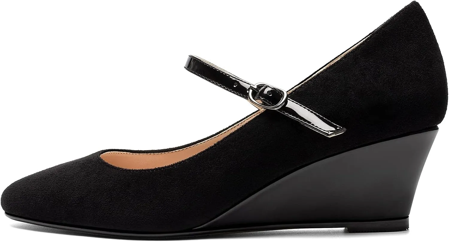 Mettesally Women's Wedge Pumps Pointed Toe Ankle Strap Mid Heel Comfortable Dress Shoes