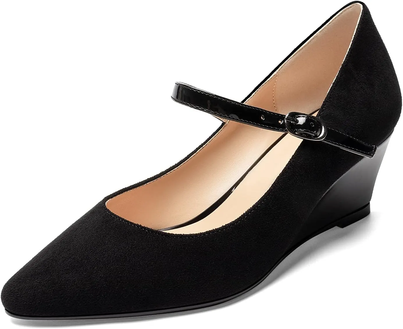 Mettesally Women's Wedge Pumps Pointed Toe Ankle Strap Mid Heel Comfortable Dress Shoes