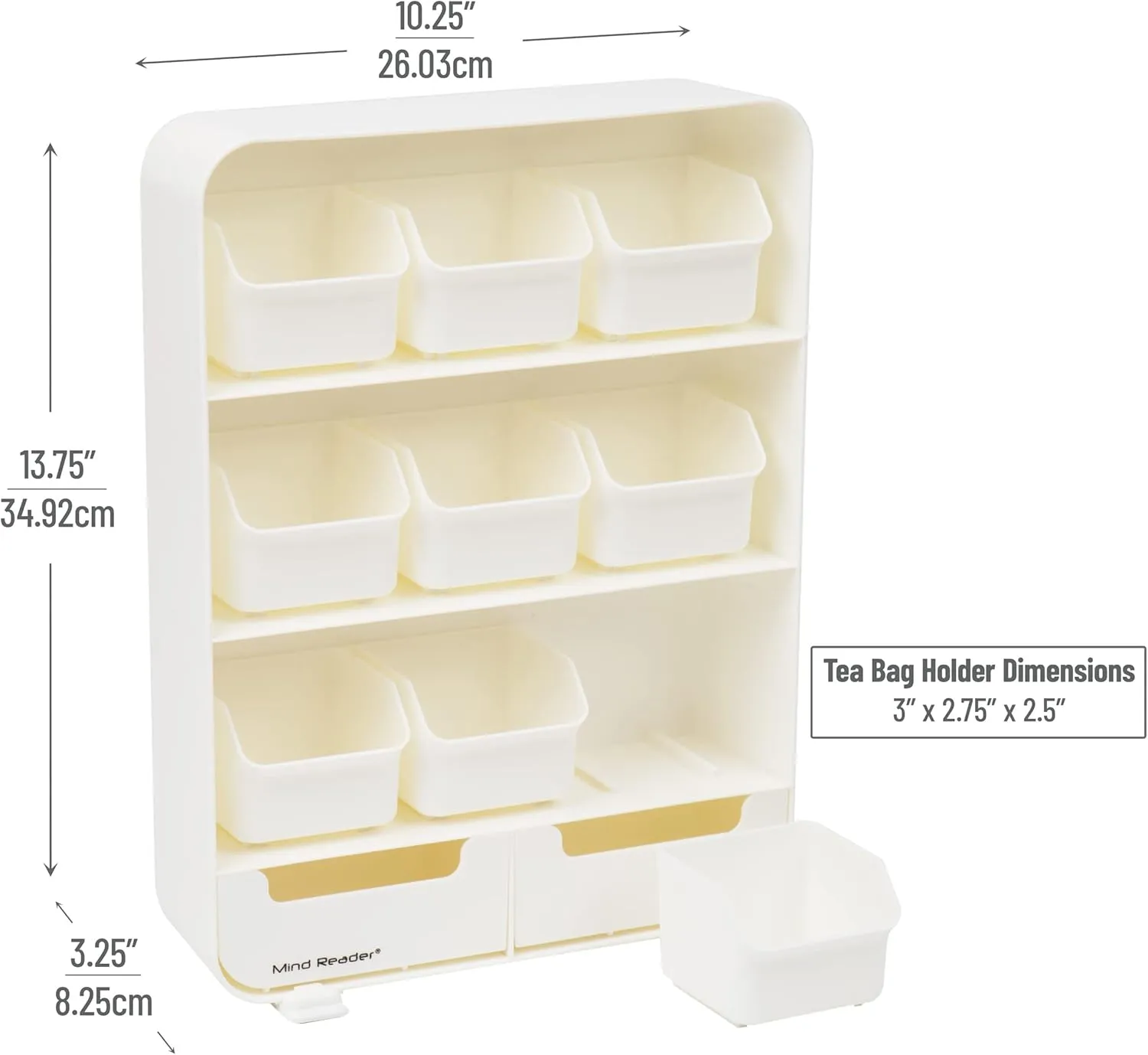 Mind Reader Bag, Tea Station Organizer Countertop Storage, Kitchen, Plastic, 10.25"L x 3.25"W x 13.75"H, White