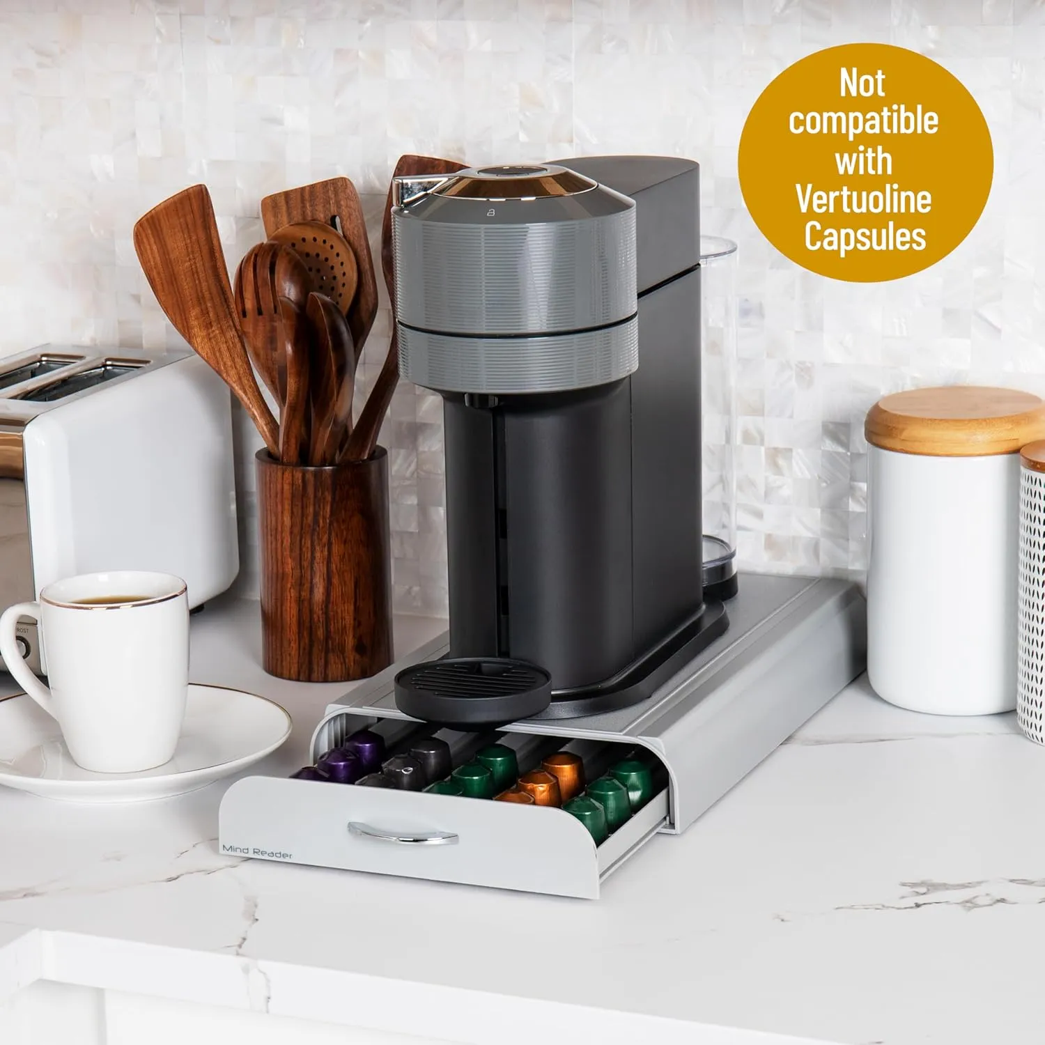 Mind Reader Nespresso Compatible Capsule Drawer, Countertop Organizer, Coffee Pod Holder, Storage, 9.25"L x 15"W x 2"H, Gray