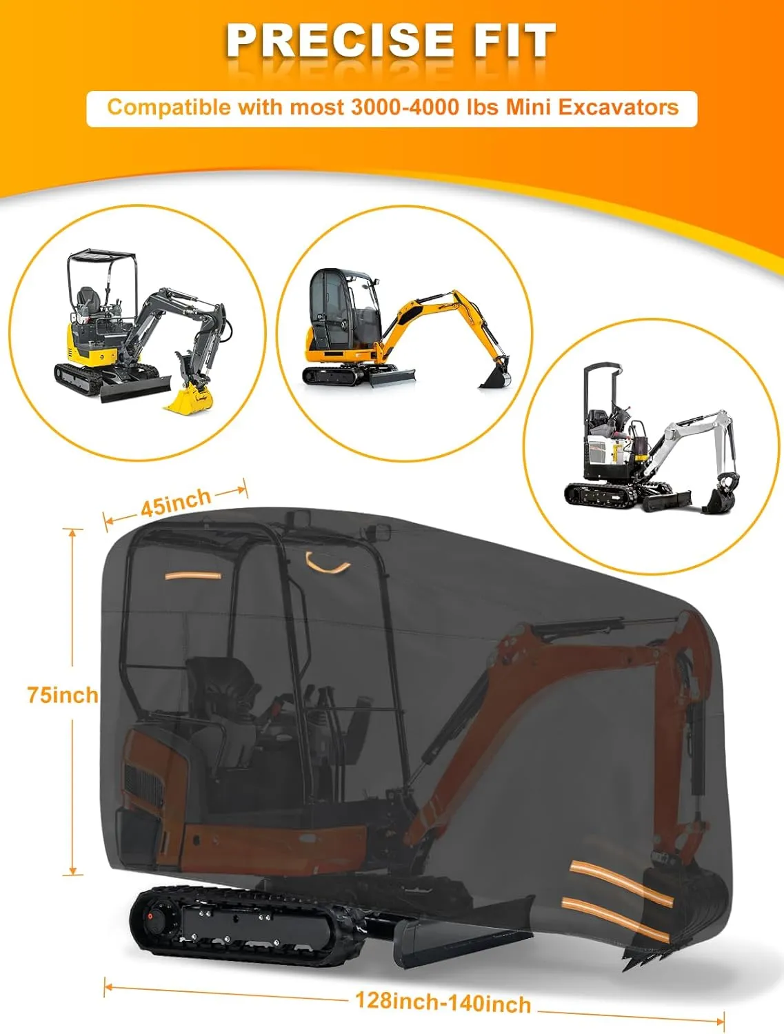 Mini Excavator Cover Fits 3000-4000 lbs Models, 420D Oxford-Fabric Zippered Excavators Cover Compatible with Bobcat E20/Kubota U17/John Deere 17G/Yanmar ViO17, Waterproof UV Dust Snow Rain Protection