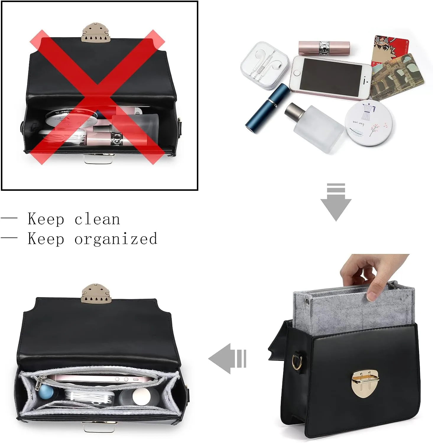 Mini Felt Purse Organizer Insert Small Tote Bag organizer with Zipper