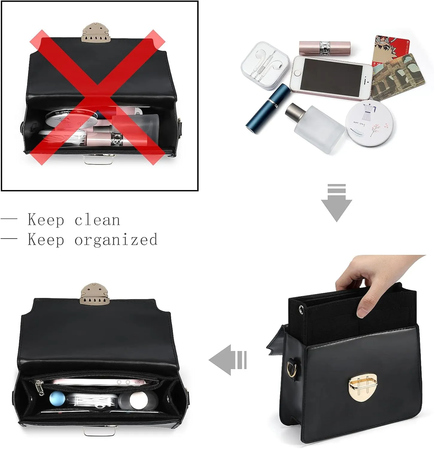 Mini Felt Purse Organizer Insert Small Tote Bag organizer with Zipper