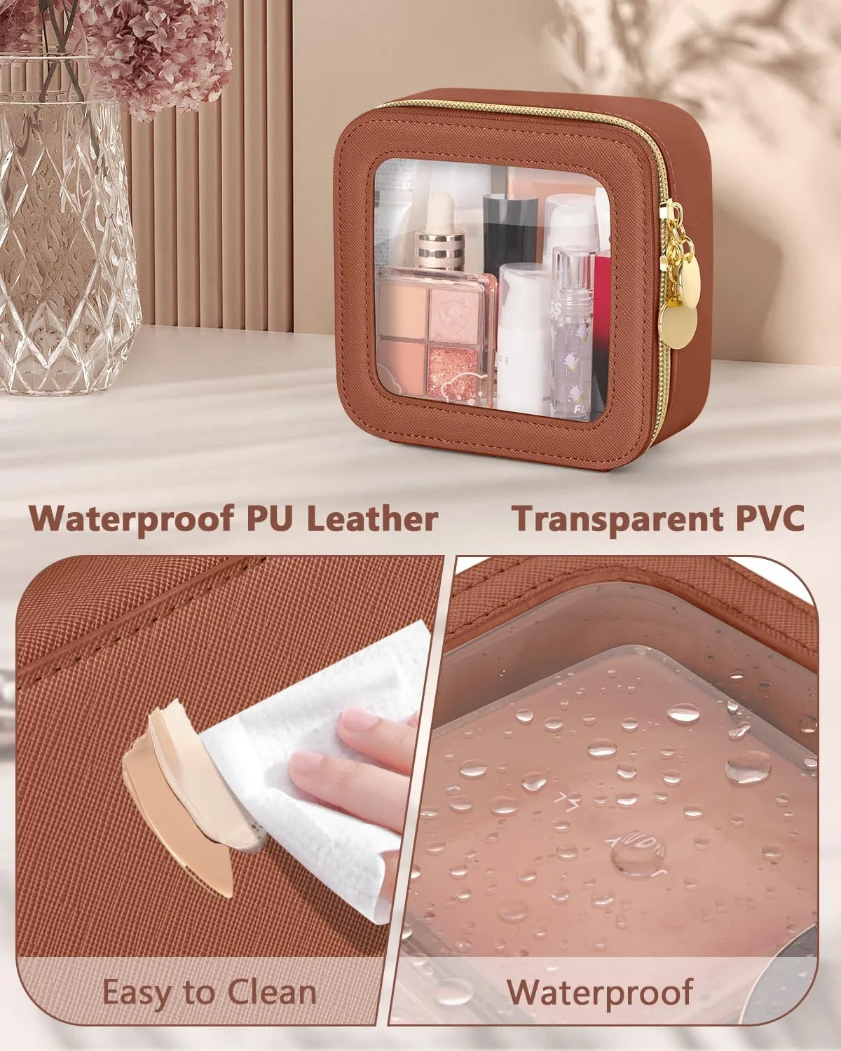 Mini Makeup Bag, Small Makeup Bag for Purse, Waterproof Clear Makeup bag, Leather Cosmetic Bag, Square Make Up Bag Pouch, Toiletry Bag for Travel, Car and Women, Brown