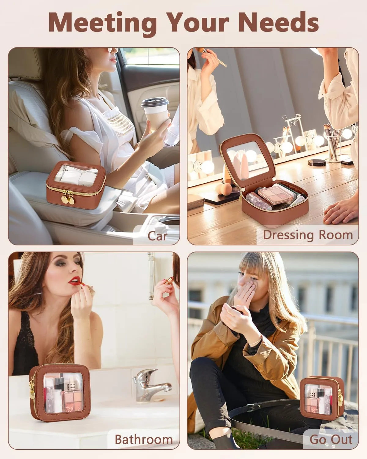 Mini Makeup Bag, Small Makeup Bag for Purse, Waterproof Clear Makeup bag, Leather Cosmetic Bag, Square Make Up Bag Pouch, Toiletry Bag for Travel, Car and Women, Brown
