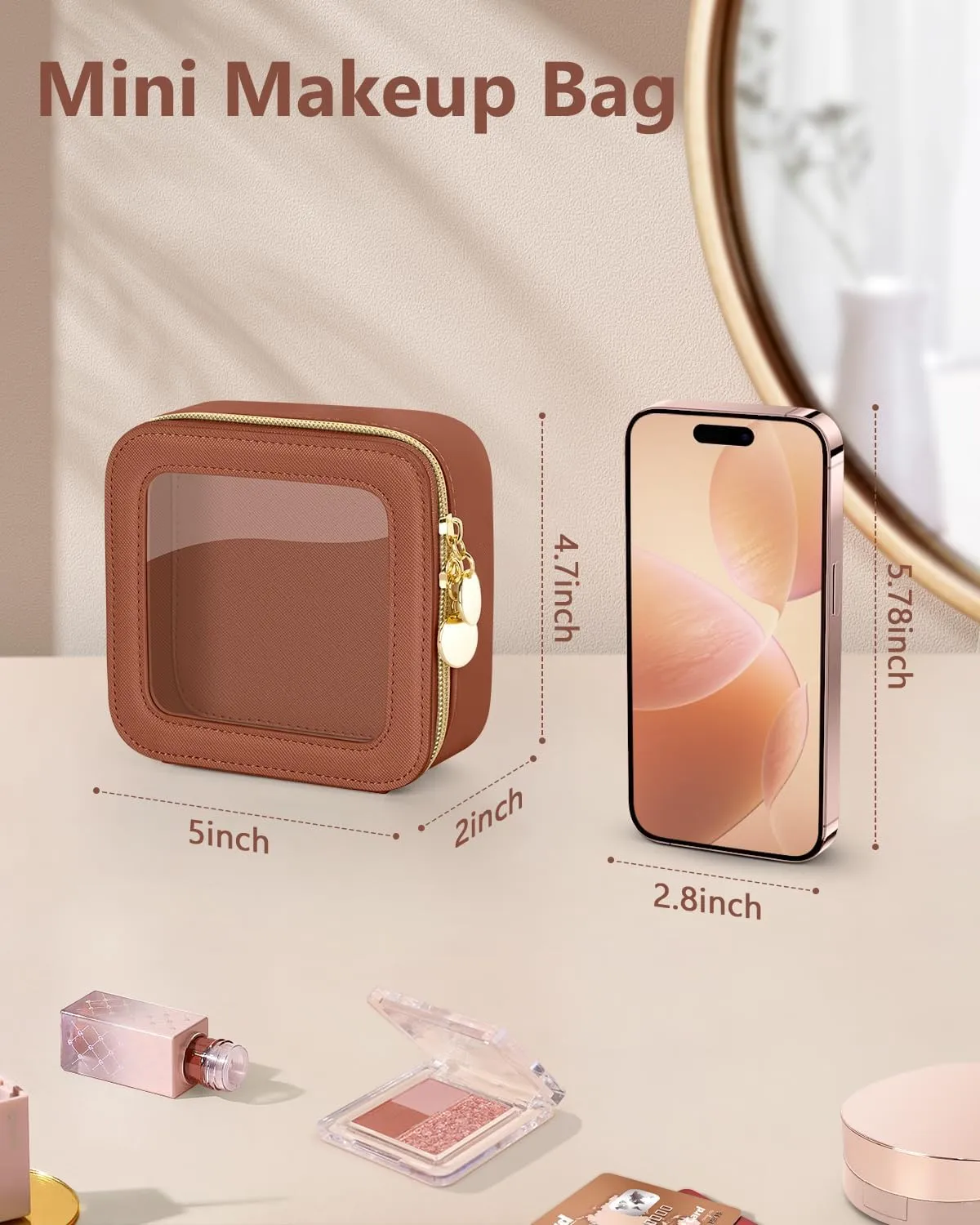 Mini Makeup Bag, Small Makeup Bag for Purse, Waterproof Clear Makeup bag, Leather Cosmetic Bag, Square Make Up Bag Pouch, Toiletry Bag for Travel, Car and Women, Brown