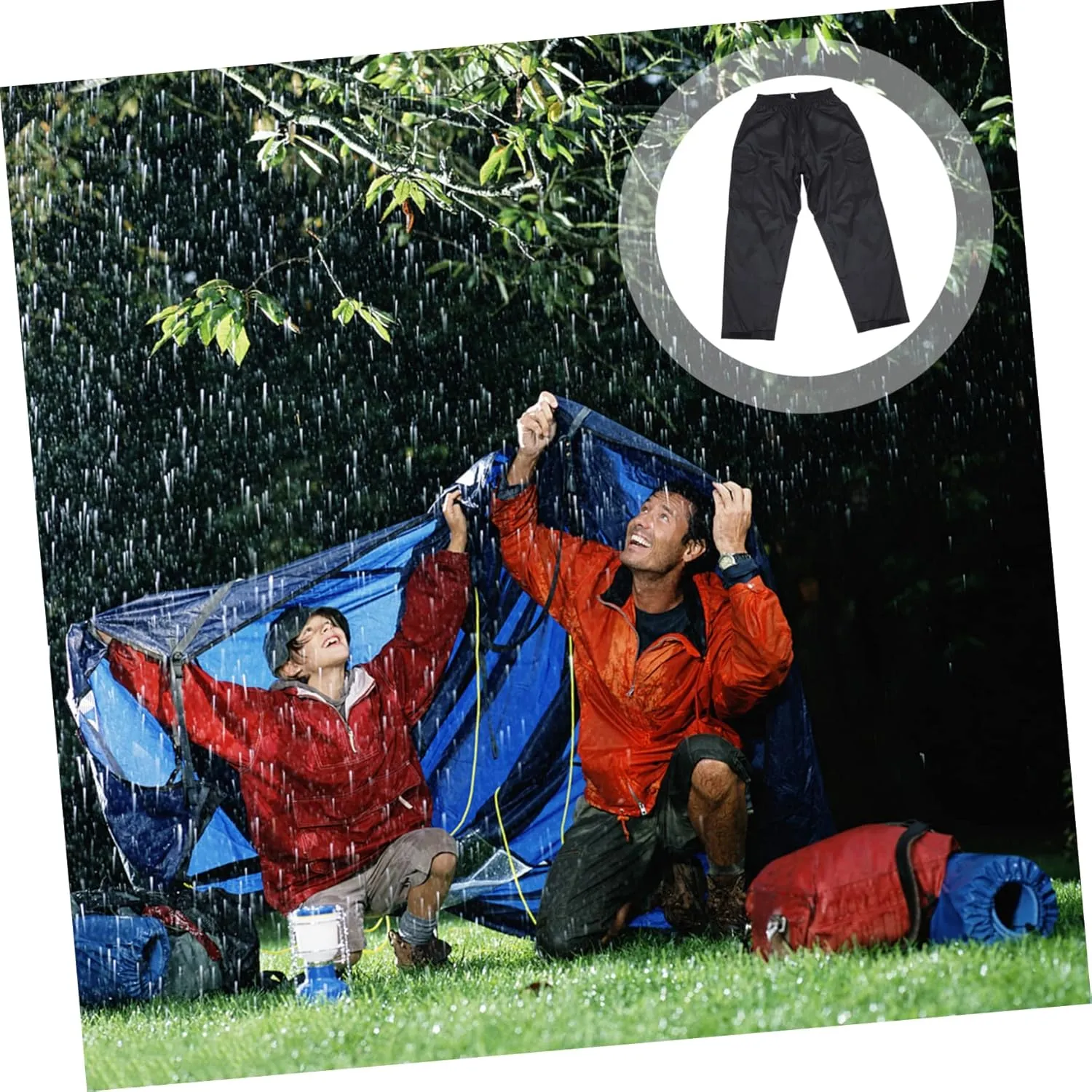 Mipcase Men's Waterproof Pants Double-Layered Rainproof Pants Elastic Waistband Black