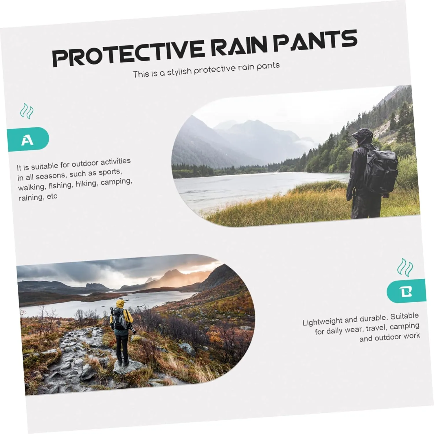 Mipcase Men's Waterproof Pants Double-Layered Rainproof Pants Elastic Waistband Black