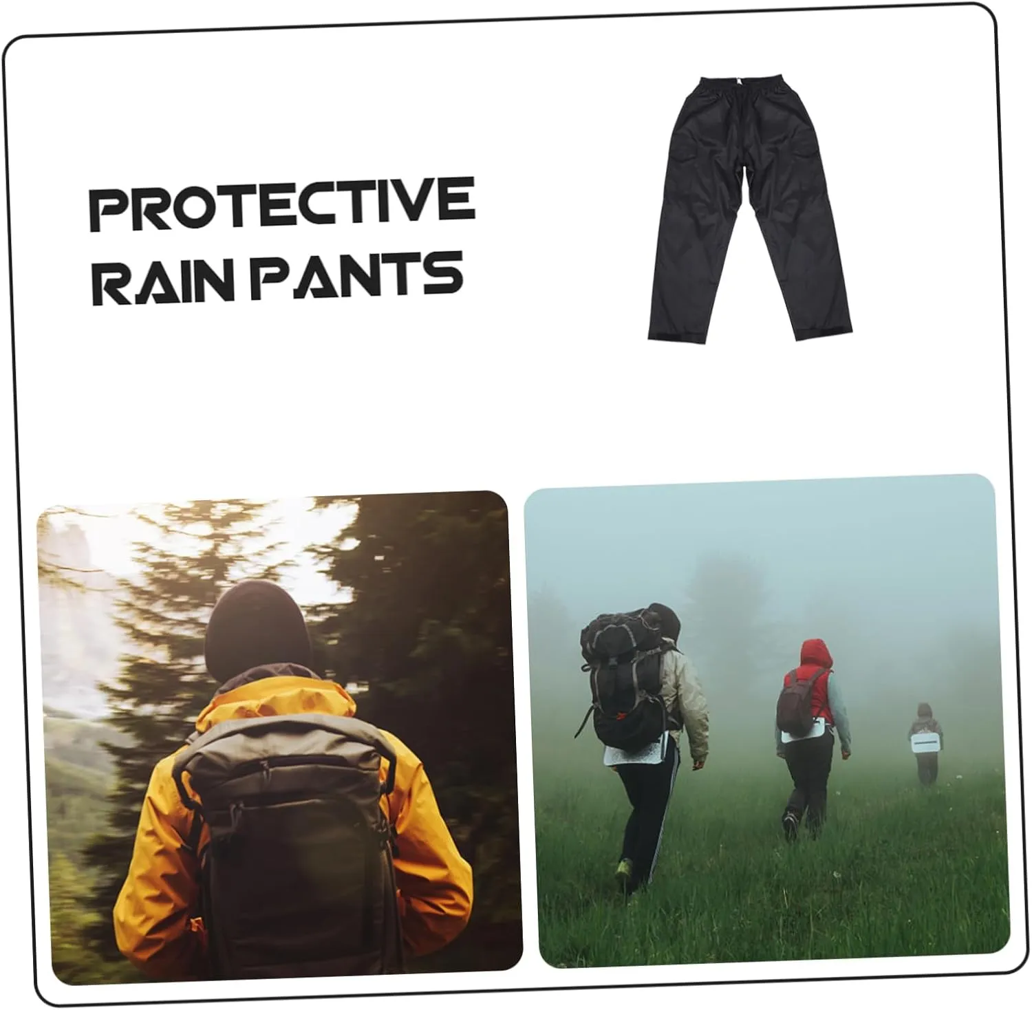 Mipcase Men's Waterproof Pants Double-Layered Rainproof Pants Elastic Waistband Black
