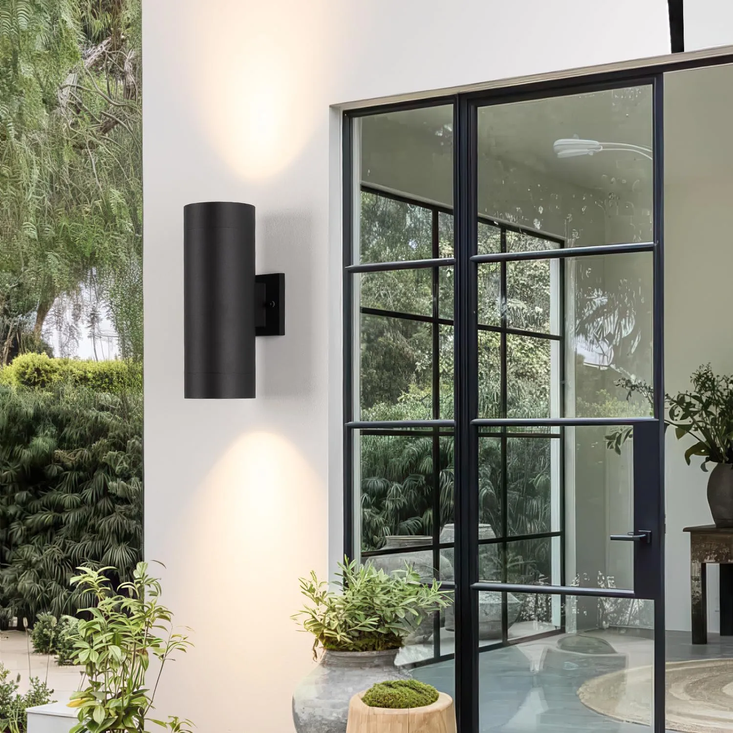 mirrea 14" Modern Outdoor Porch Light Patio Light in 2 Lights with Aluminum Cylinder and Tempered Glass Cover Waterproof Wall Sconce 2 Pack (Matte Black)