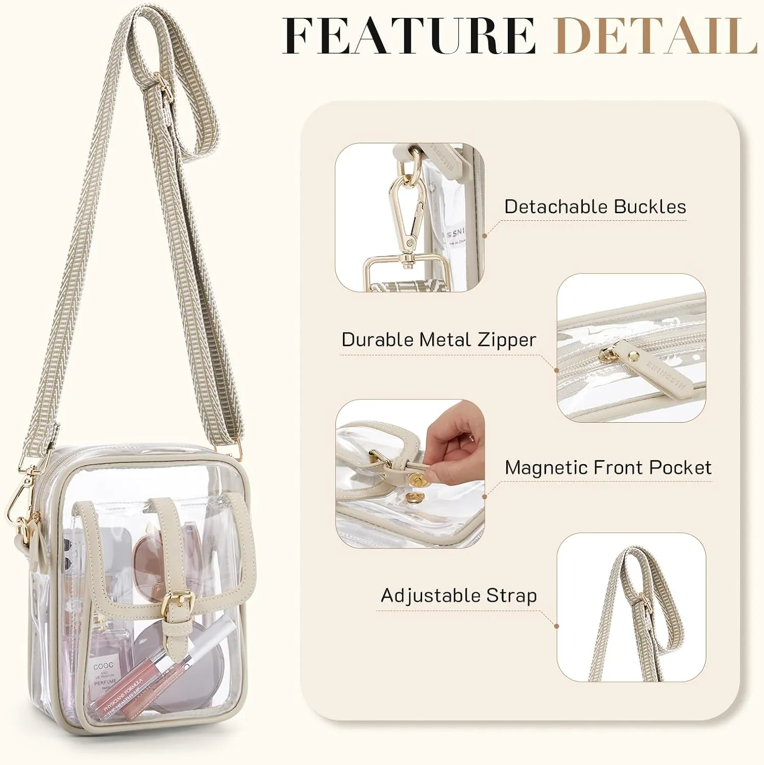 Missnine Clear Bag Stadium Approved PVC Crossbody Purse for Women Transparent Shoulder Concert Bag with Guitar Strap