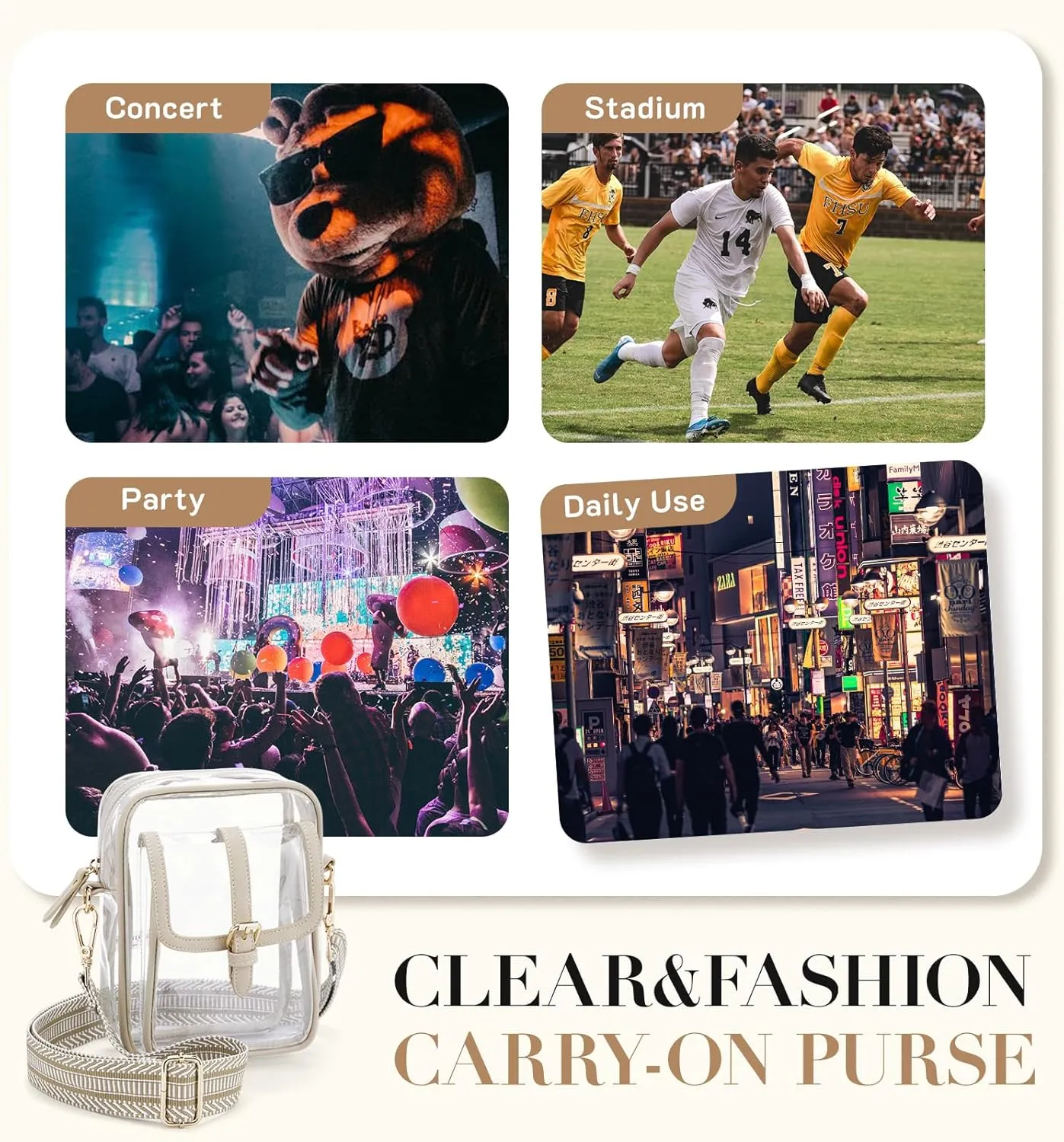 Missnine Clear Bag Stadium Approved PVC Crossbody Purse for Women Transparent Shoulder Concert Bag with Guitar Strap