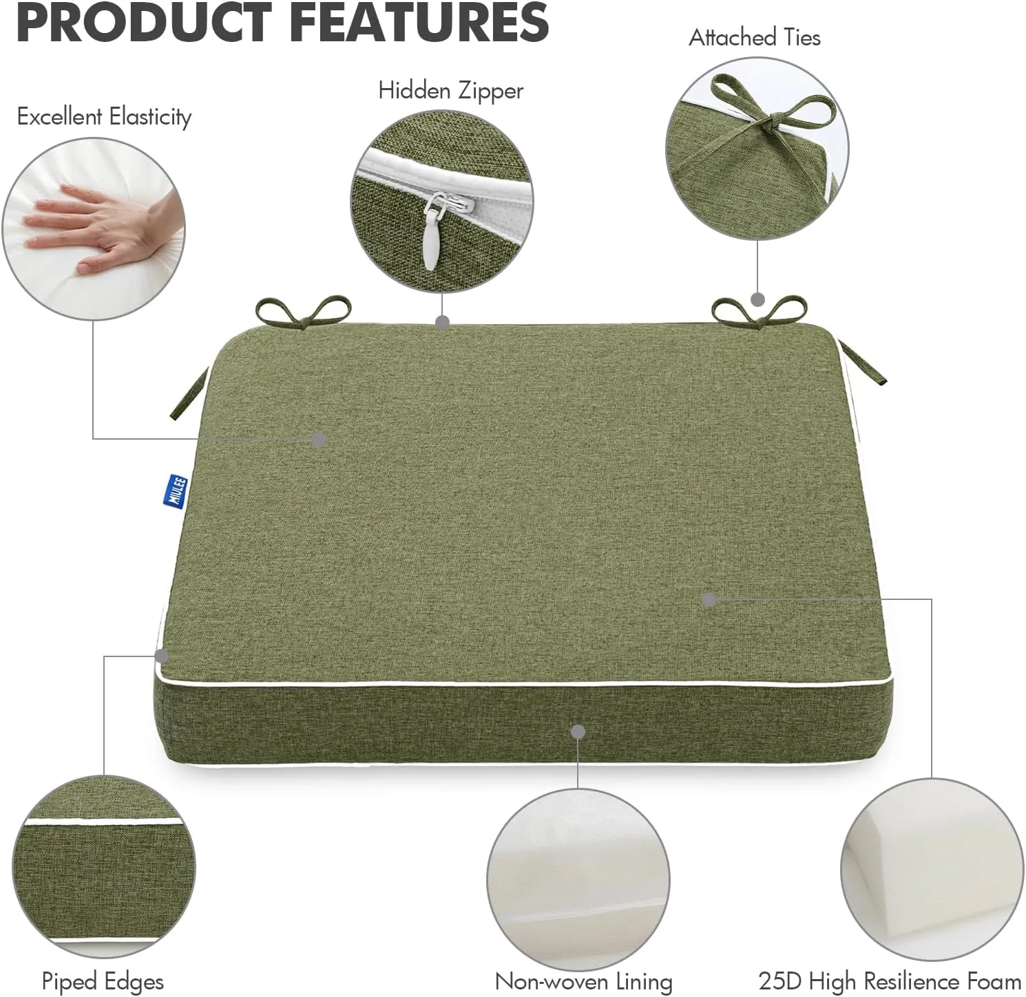 MIULEE 19 x 19 x 3 Inch Outdoor Chair Cushions,Waterproof Seat Cushions for Patio Furniture Garden with Ties Patio Chair Cushions Set of 2,Green