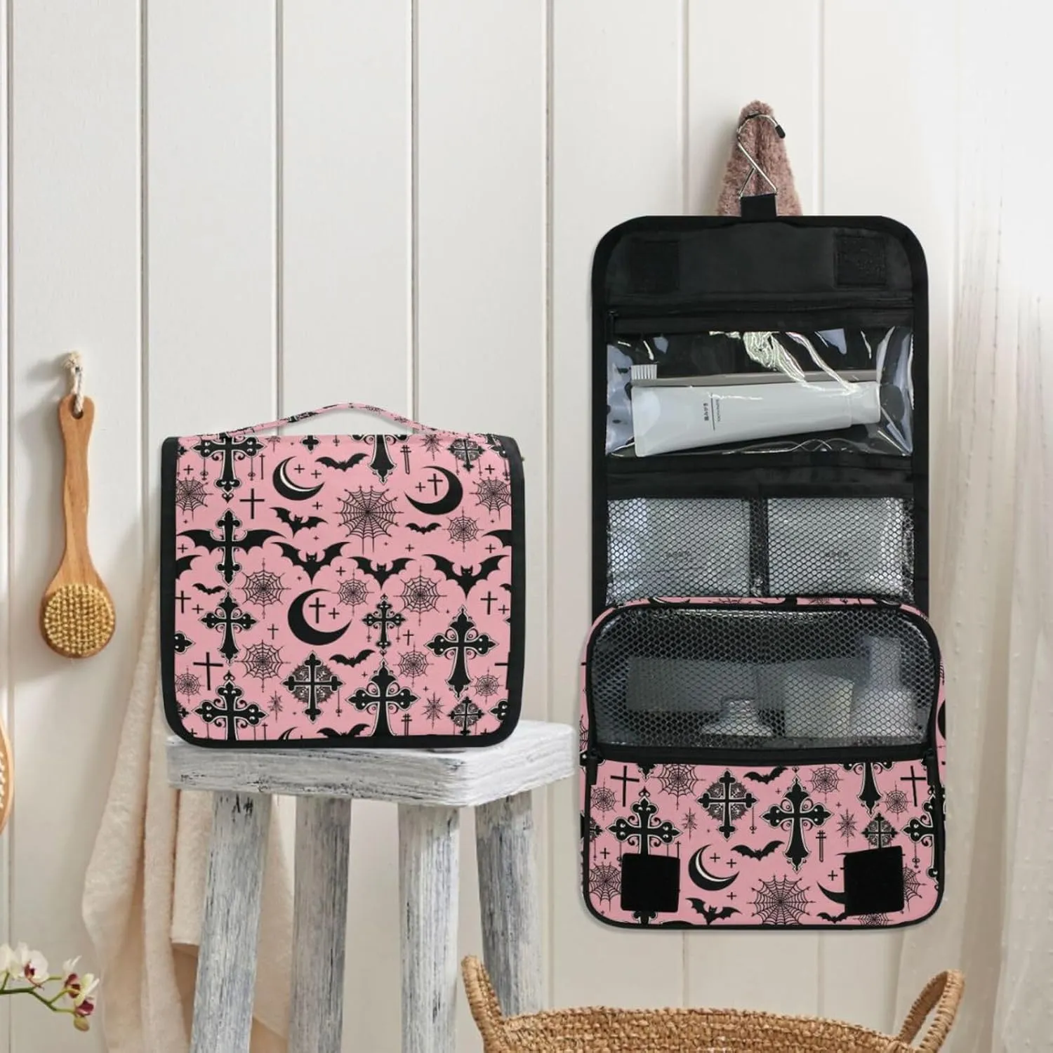 MNSRUU Hanging Toiletry Bag Black Gothic Moon Spider Webs and Bats Travel Makeup bag for Toiletries Portable Travel Toiletry Organizer Cosmetic Bags with Hanging Hook