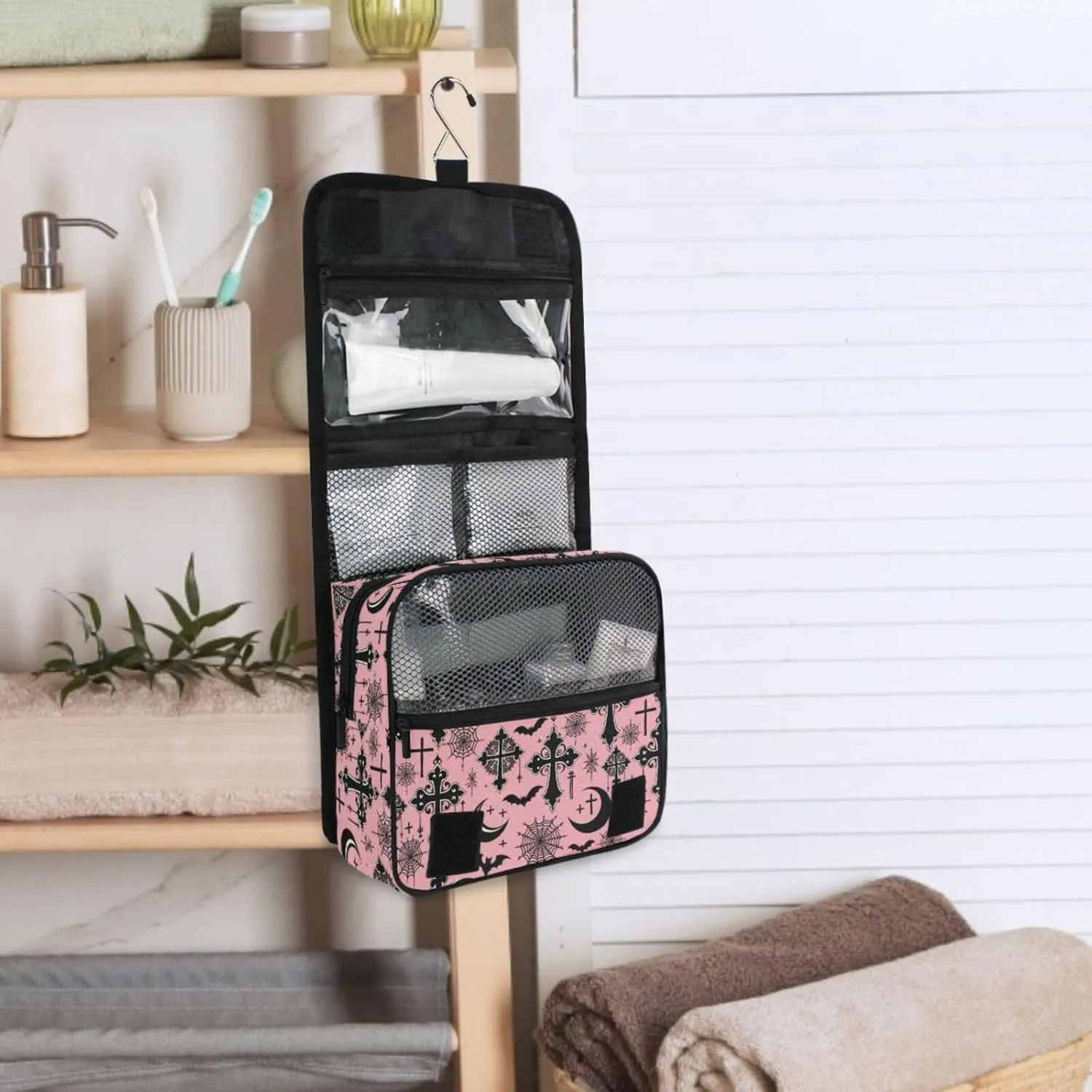 MNSRUU Hanging Toiletry Bag Black Gothic Moon Spider Webs and Bats Travel Makeup bag for Toiletries Portable Travel Toiletry Organizer Cosmetic Bags with Hanging Hook